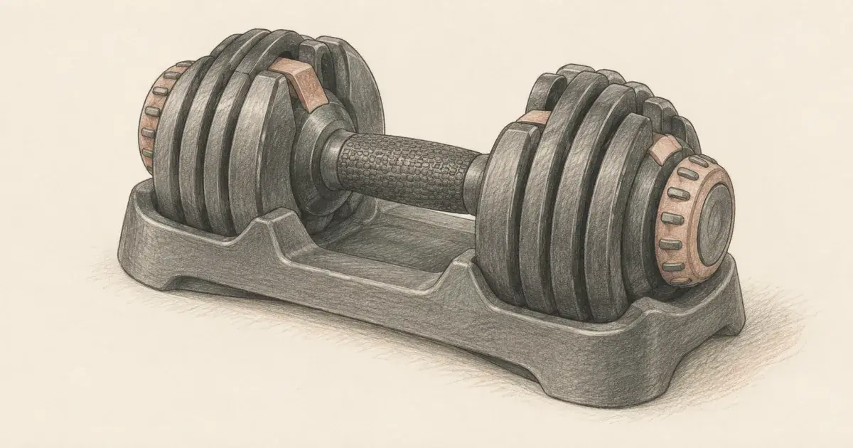 Hand-drawn pencil sketch of an adjustable dumbbell in its storage cradle on cream paper.