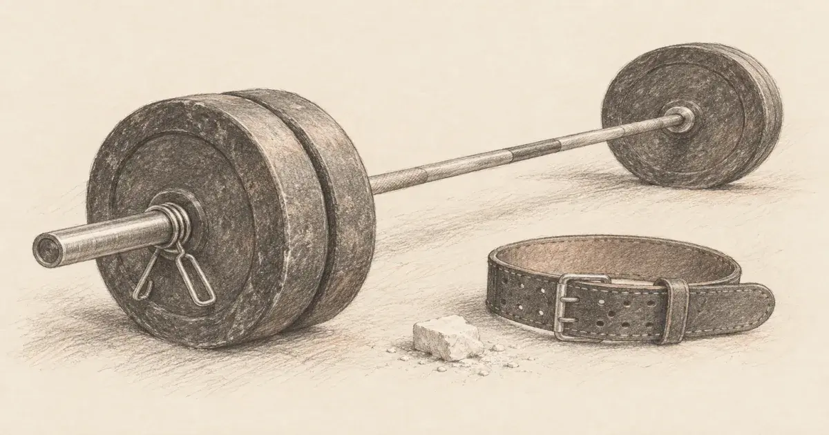 Hand-drawn pencil sketch of a loaded Olympic barbell with bumper plates, a spring collar, a lifting belt, and a block of chalk on cream paper.