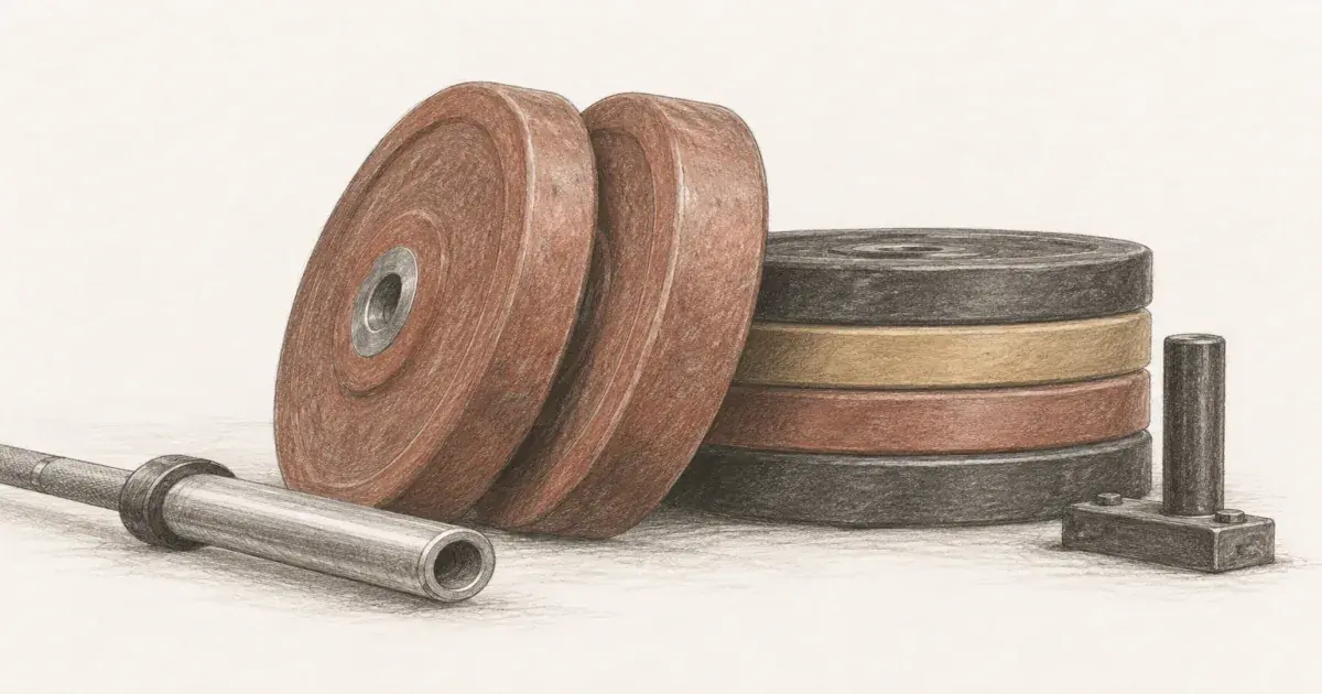 Hand-drawn pencil sketch of a leaning stack of colored rubber bumper plates with a barbell sleeve and a weight-tree peg on blush paper.