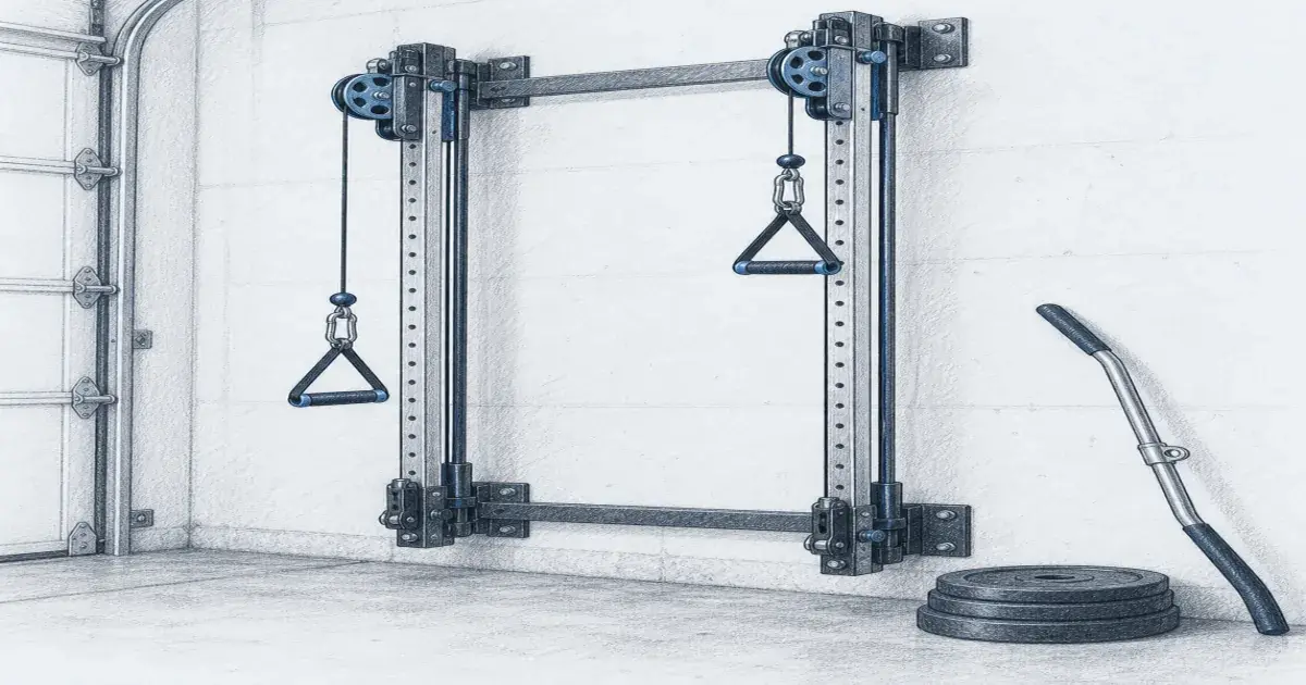 Hand-drawn pencil sketch of a wall-mounted cable crossover station with two pulleys and a lat bar in a garage.