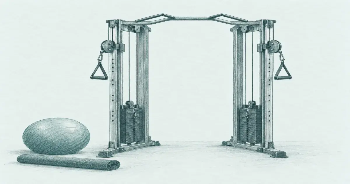 Hand-drawn pencil sketch of a freestanding dual-pulley functional trainer with two weight stacks, handles, a mat, and a stability ball on mist paper.