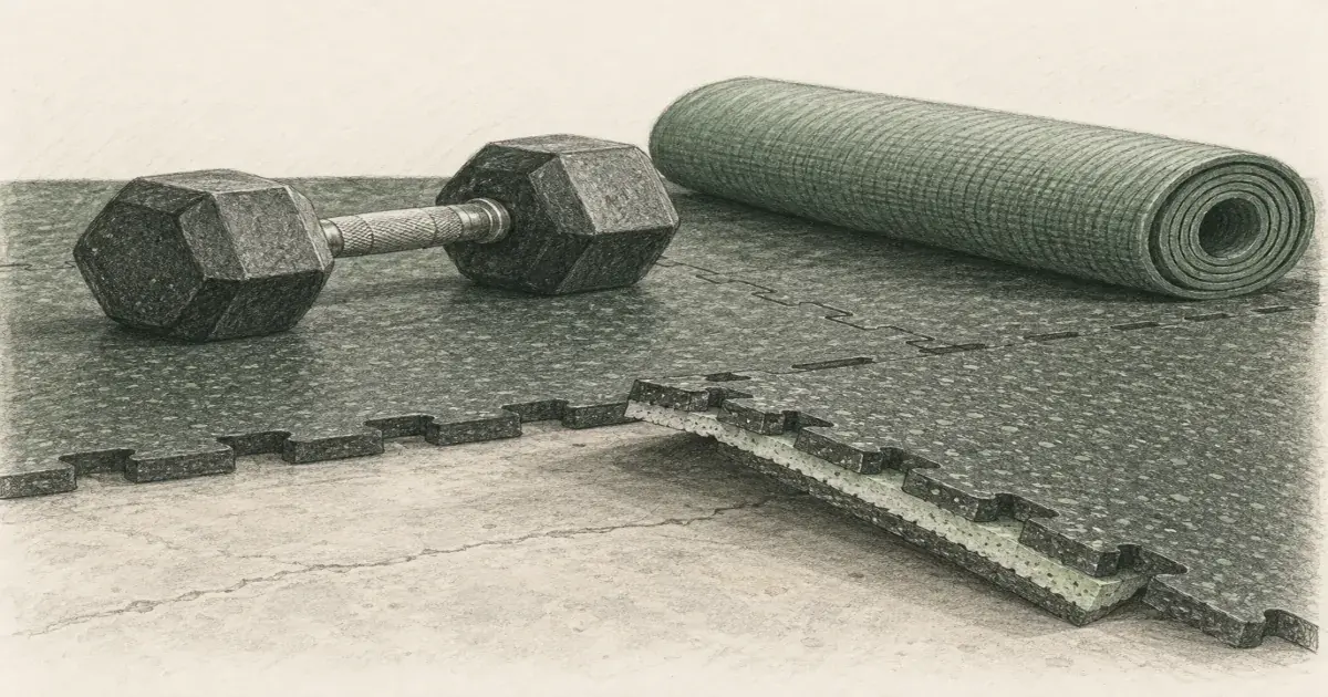Hand-drawn pencil sketch of interlocking rubber-top gym floor tiles laid on a concrete garage floor with a dumbbell resting on top.
