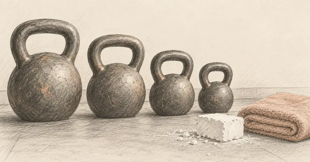Hand-drawn pencil sketch of a row of kettlebells in different sizes beside a chalk block and a folded towel on warm paper.