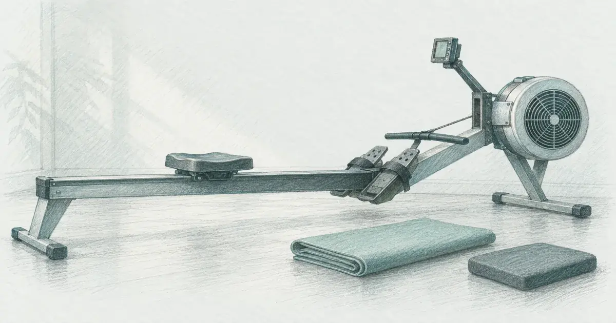 Hand-drawn pencil sketch of an indoor rowing machine with an air flywheel, seat, and folded gym mat.