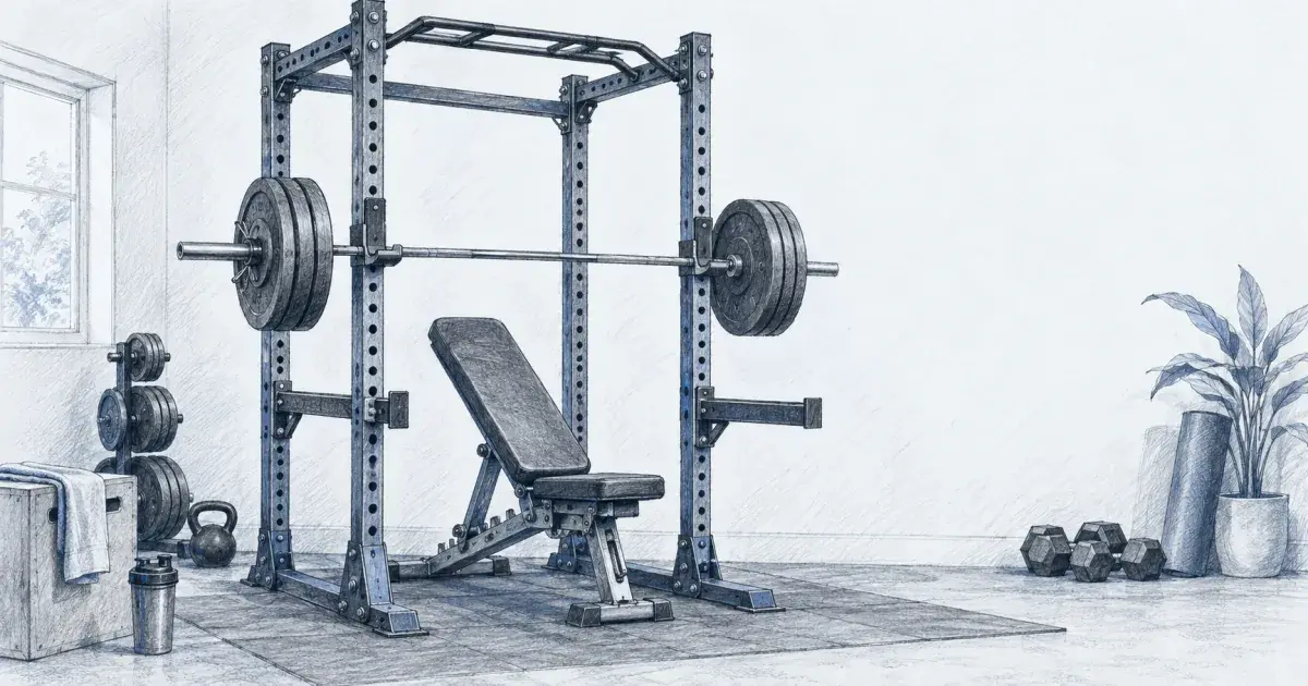 Hand-drawn pencil sketch of a four-post power cage with a loaded barbell, J-hooks, and a bench inside on ink-navy paper.