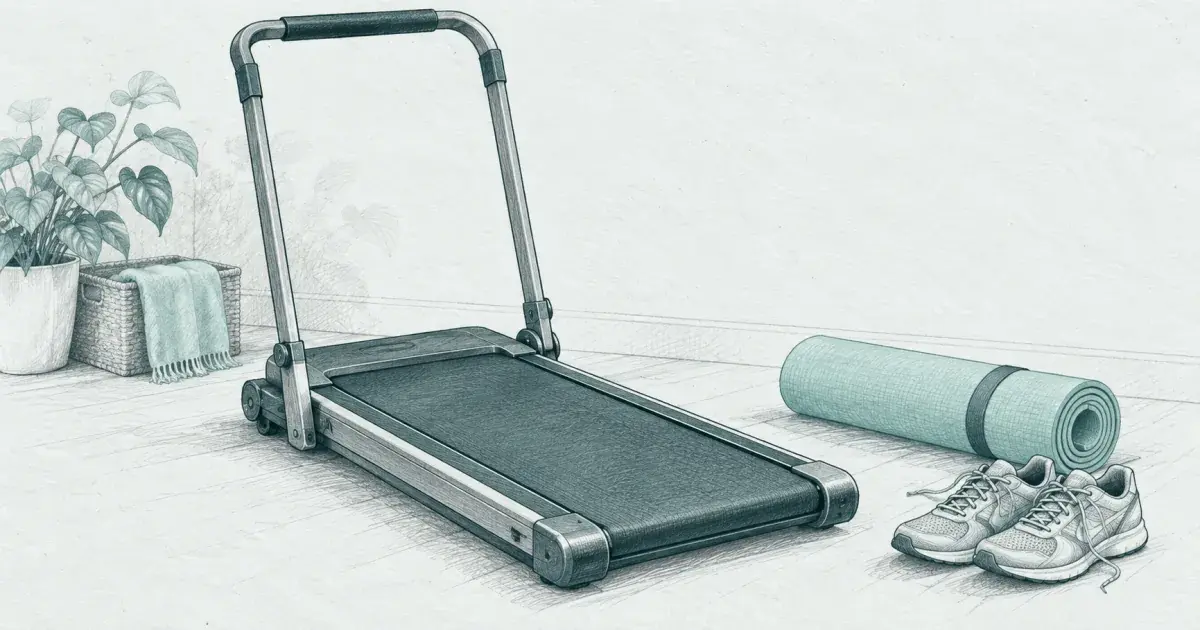Hand-drawn pencil sketch of a compact folding treadmill with a handrail, folded gym mat, and running shoes on cool paper.