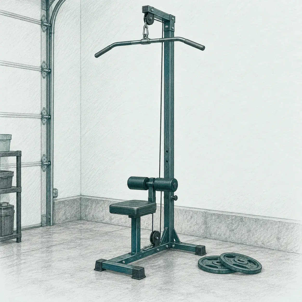 Hand-drawn pencil sketch of a freestanding lat pulldown tower with a high pulley and a wide lat bar in a garage corner.