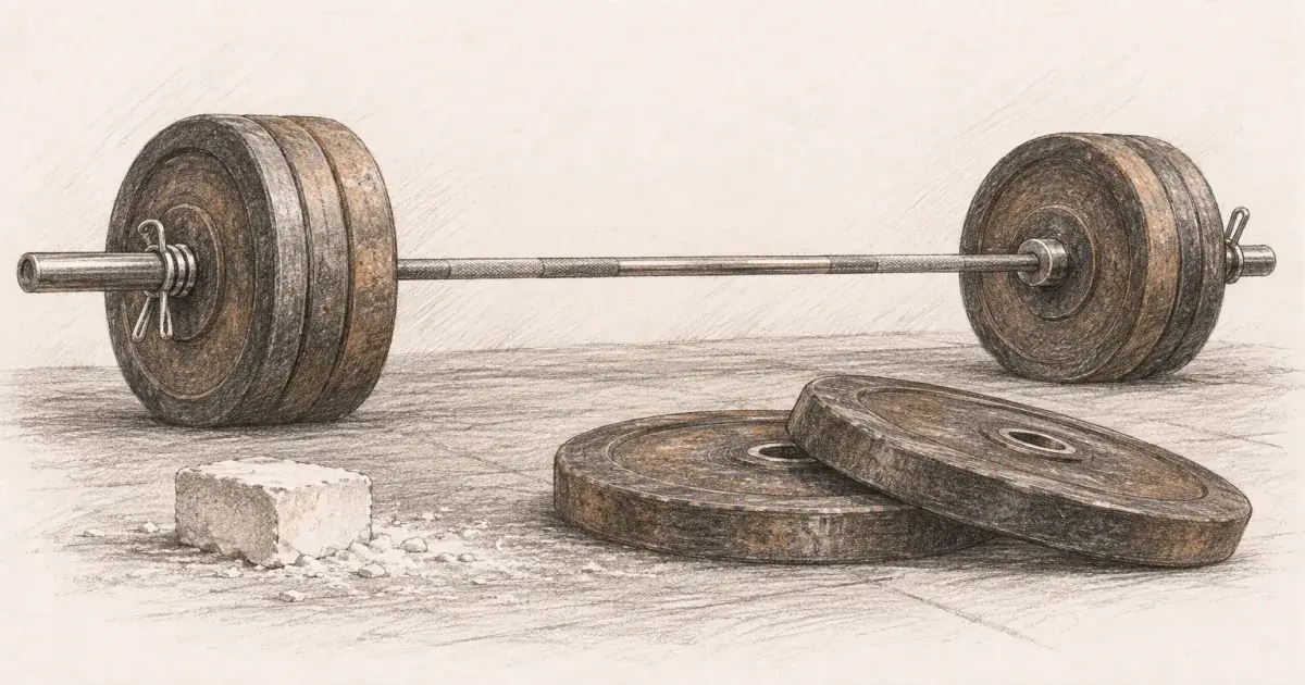 One rep max calculator beside a loaded barbell and weight plates