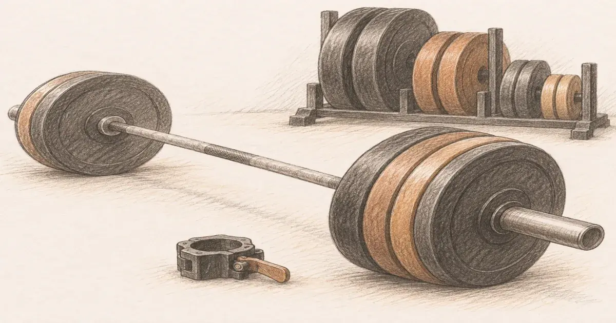 Barbell plate calculator beside a loaded bar and weight plates