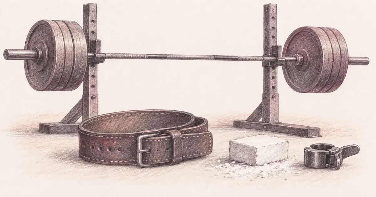 RPE calculator beside a loaded barbell and a lifting belt