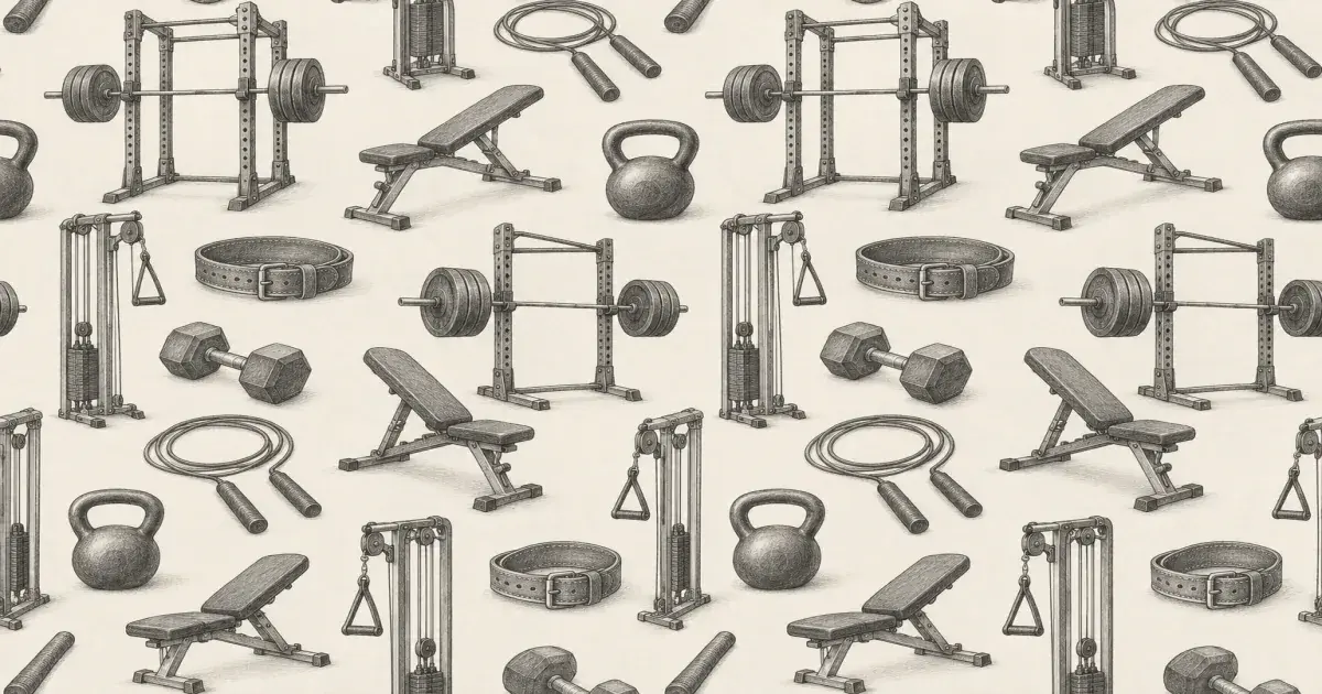 Monochrome pencil sketch pattern of home gym equipment on cool cream paper